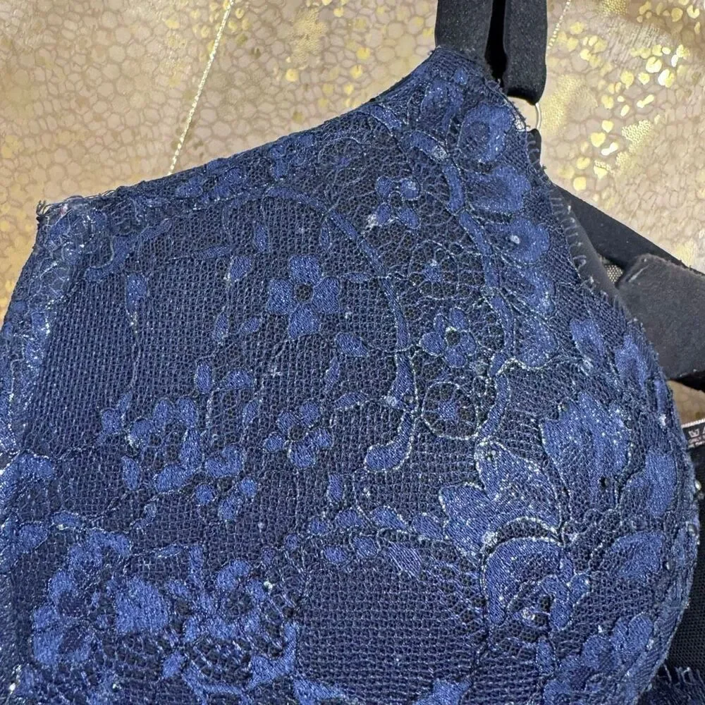Victorias Secret Very Sexy Pushup Navy Blue Black Lace Rhinestone Bra 38DD